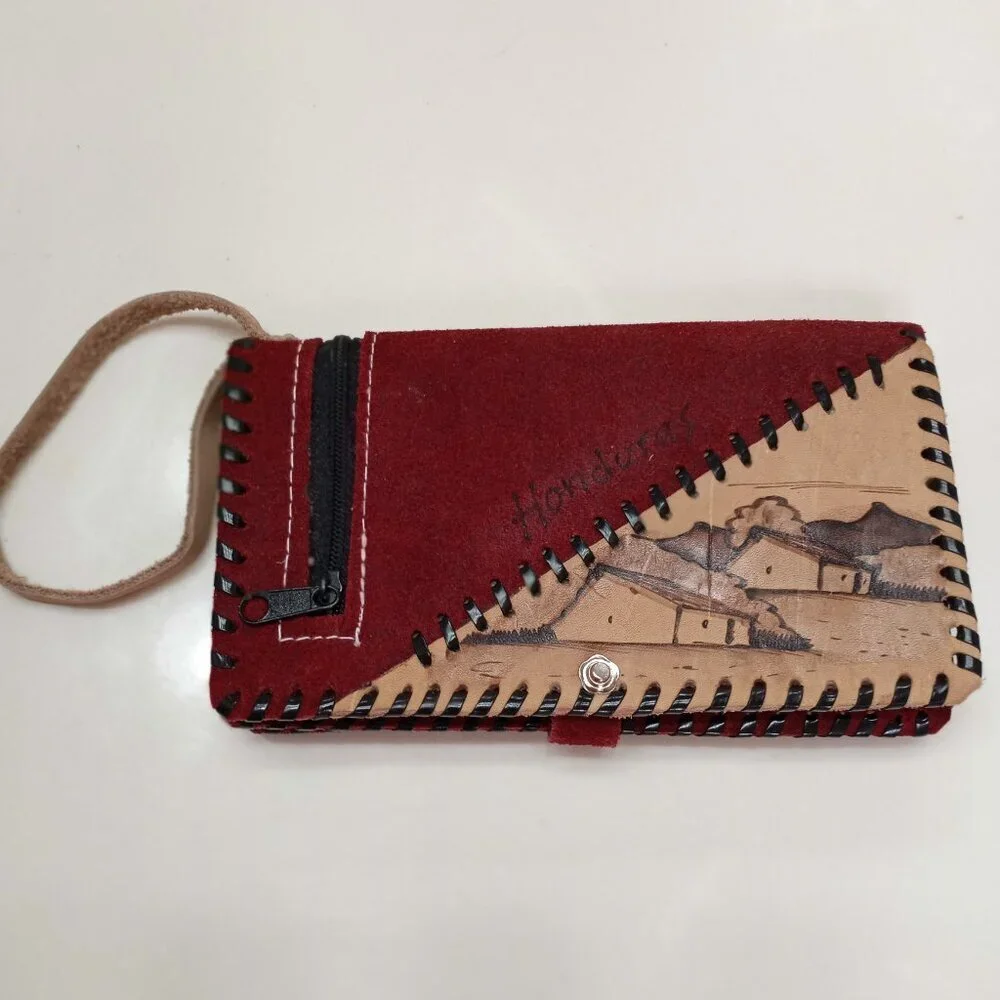 Red Leather Women Wallet w/Zipper & Mirror Handmade by Central American Artisans